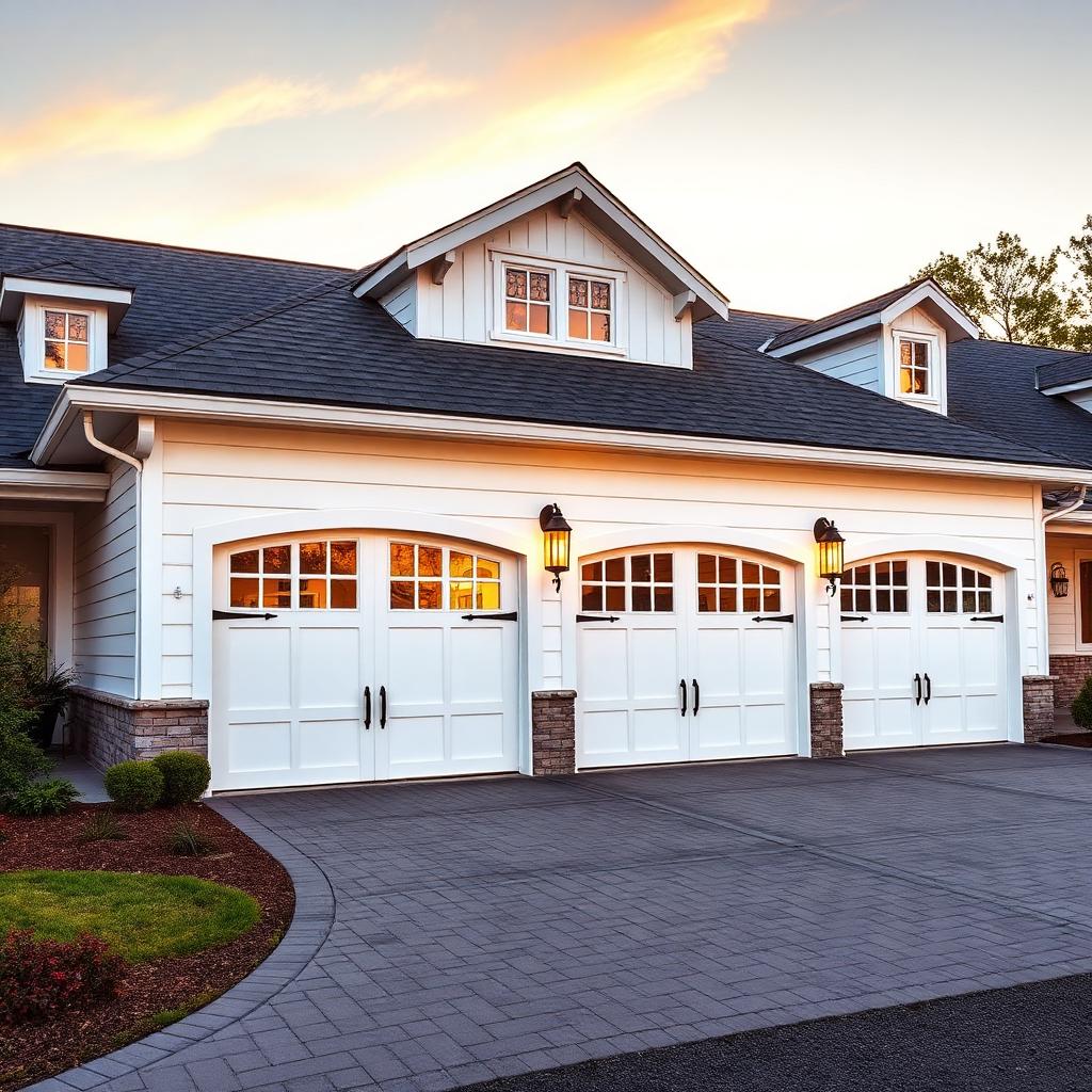 White carriage house style garage doors with decorative hardware on luxury farmhouse home in Wenatchee