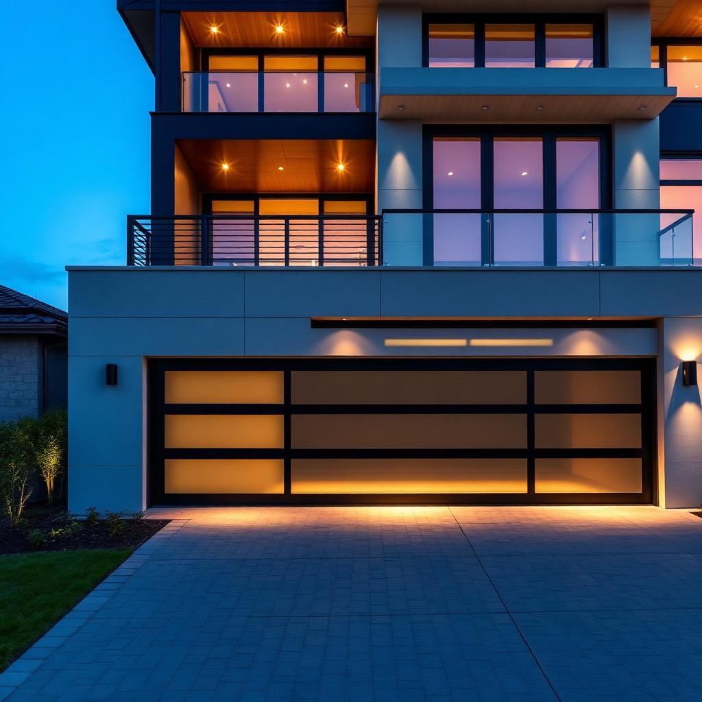 Modern contemporary glass and steel garage door on luxury home at twilight in East Wenatchee
